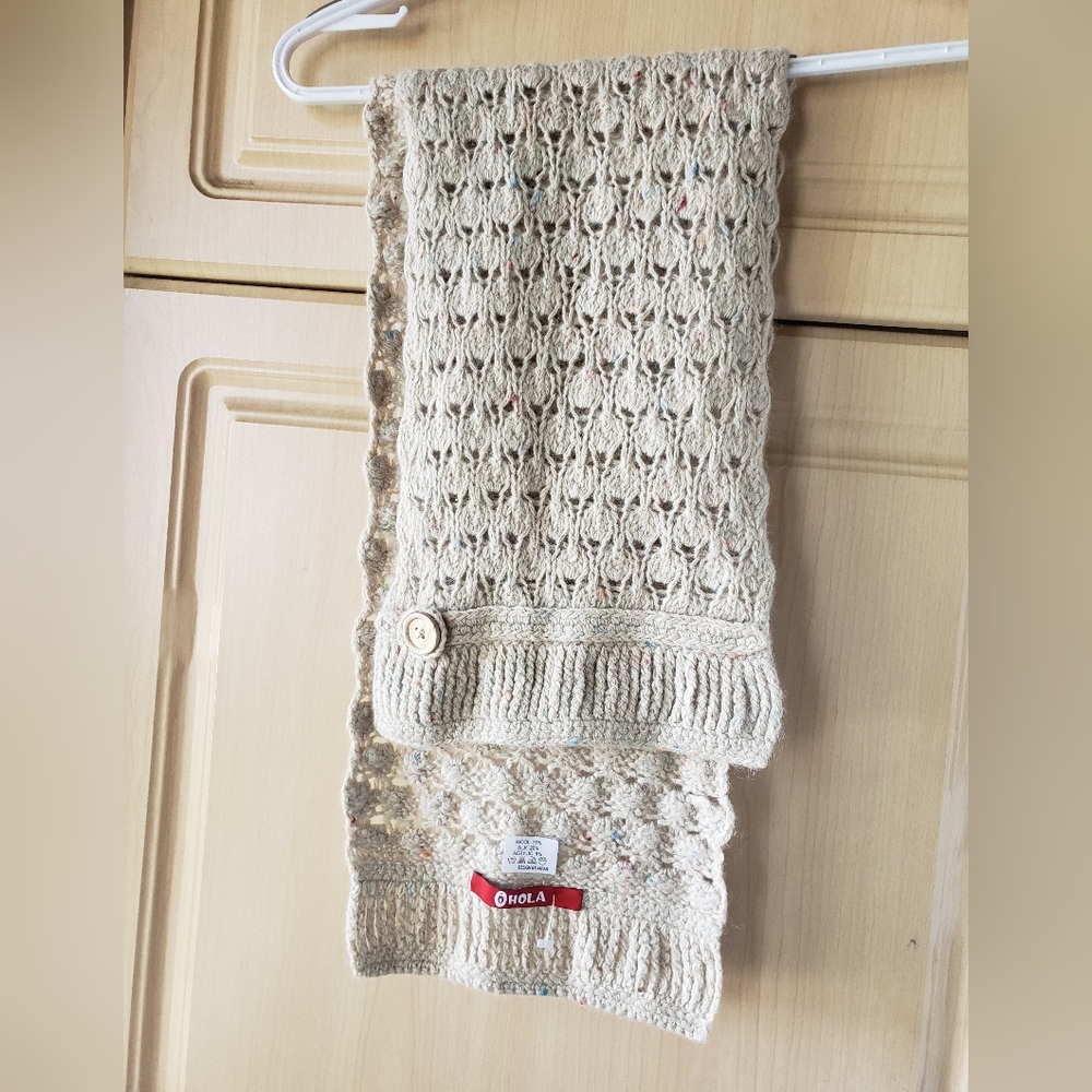 Silk Wool Blend Cream Knit Scarf with Button Detail